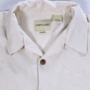 Joseph & Feiss Mens XL Silk Camp Shirt‎ Cream Tropical Jacquard Short Sleeve